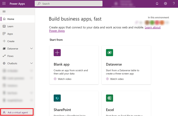 Power Apps 홈 페이지에서 가상 에이전트에 액세스.