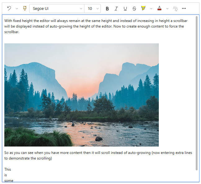 고정 높이를 사용하여 서식 있는 텍스트 영역에 충분한 콘텐츠가 추가되면 스크롤 막대가 나타나는 것을 보여 주는 스크린샷.