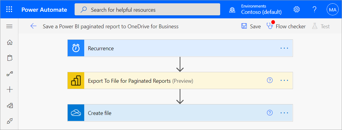 페이지를 매긴 보고서를 OneDrive 또는 SharePoint Online에 저장하기 위한 Power Automate 흐름의 스크린샷