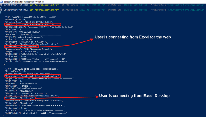 PowerShell Get-PowerBActivityEvent cmdlet의 스크린샷.