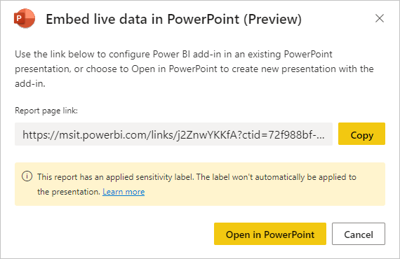 PowerPoint 대화 상자 창에 포함된 라이브 데이터를 보여주는 스크린샷.