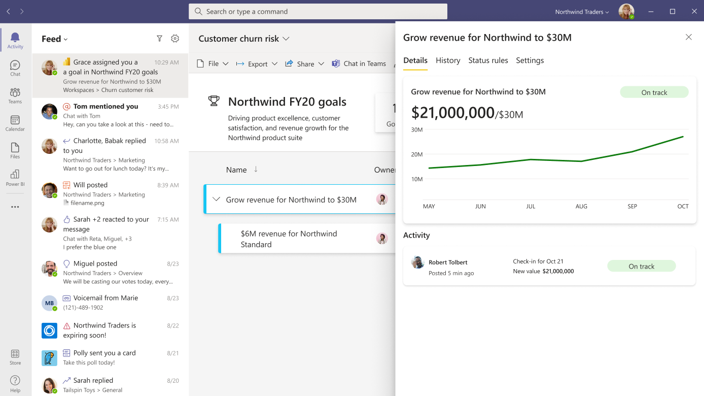 Microsoft Teams 활동 피드에서 Power BI 메트릭 할당 알림 받기를 보여 주는 스크린샷.