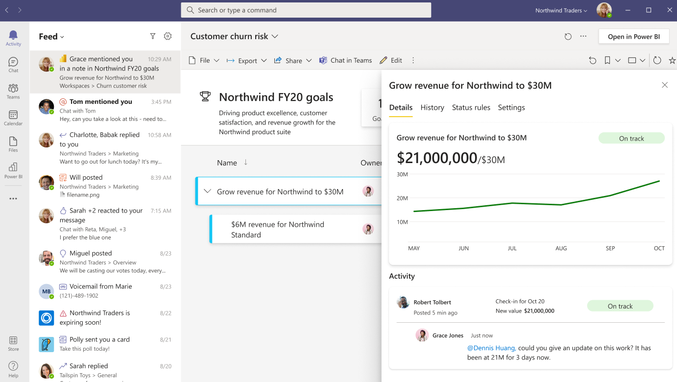 Microsoft Teams 활동 피드에서 Power BI 메트릭 멘션 알림 받기를 보여 주는 스크린샷.