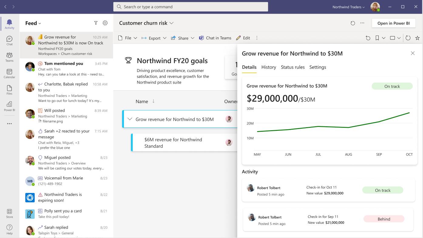 Microsoft Teams 활동 피드에서 Power BI 메트릭 상태 업데이트 알림 받기를 보여 주는 스크린샷.