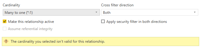 중복된 값이 검색될 때 표시되는 '선택한 카디널리티가 이 관계에는 유효하지 않습니다' 오류를 보여 주는 관계 대화 상자의 스크린샷