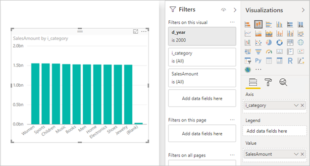 범주별 판매량을 표시하는 Power BI Desktop 누적 세로 막대형 차트의 스크린샷.