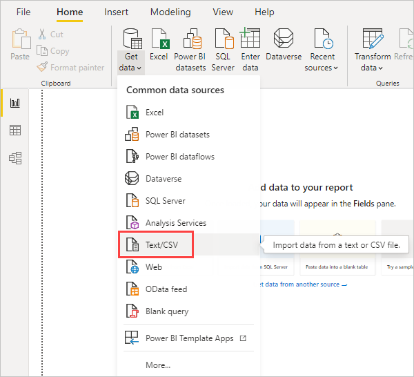 Power BI Desktop의 데이터 가져오기 리본에서 CSV를 선택한 것을 보여 주는 스크린샷