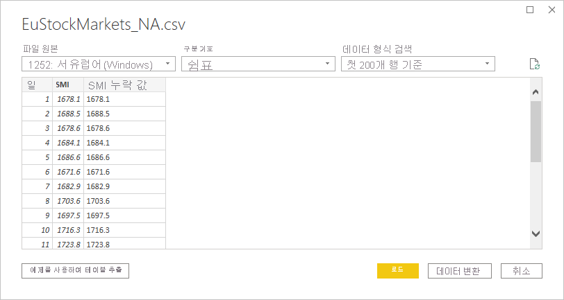 선택한 CSV를 보여 주는 CSV 파일 대화 상자의 스크린샷