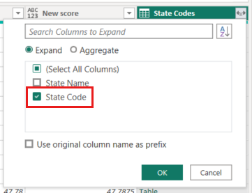 State Code 열이 강조 표시된 Power Query 편집기 열 확장 대화 상자의 스크린샷