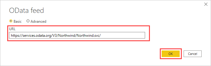 OData 피드 대화 상자의 URL 필드가 강조 표시된 스크린샷.
