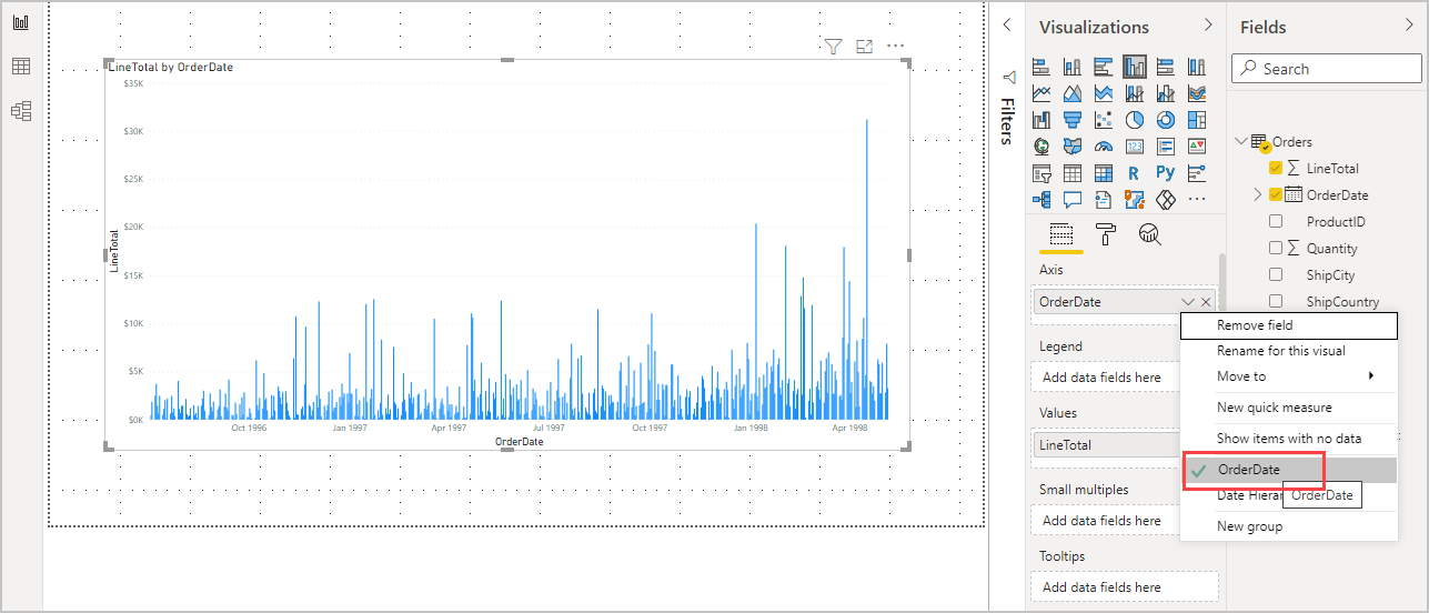 OrderDate별 LineTotals 꺾은선형 차트를 보여 주는 스크린샷.