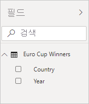 스크린샷은 Euro Cup 우승자 필드, 국가 및 연도가 있는 데이터 창을 보여줍니다.