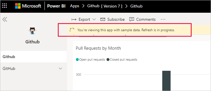 Power BI GitHub 앱 새로 고침 진행 중