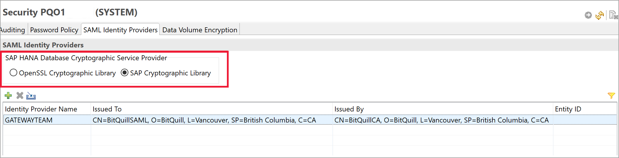 'SAP 암호화 라이브러리'가 sslcryptoprovider로 선택되어 있는 SAP HANA Studio의 스크린샷.