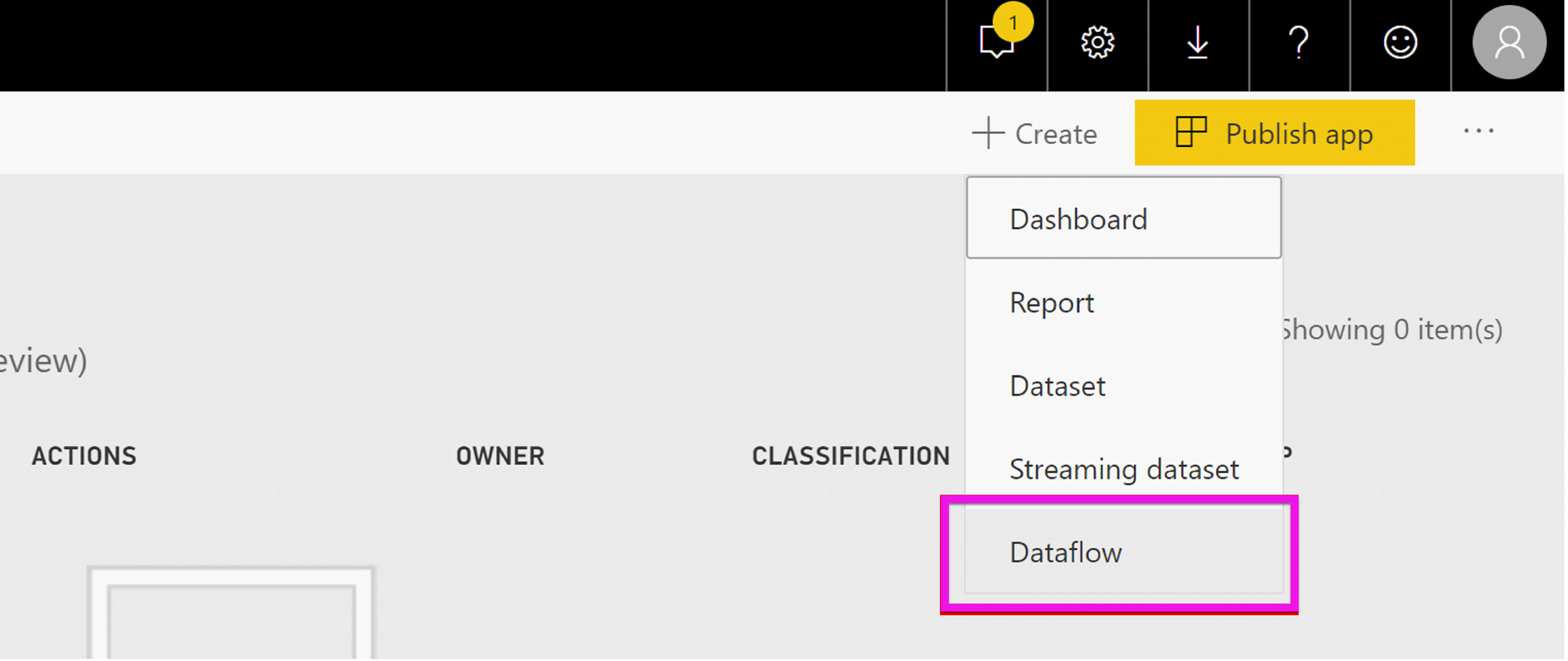 만들기, 데이터 흐름을 차례로 선택한 Power BI 작업 영역을 보여 주는 스크린샷.