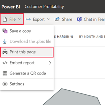 Power BI 서비스 파일 메뉴가 열려 있고 이 페이지 인쇄가 선택된 스크린샷.