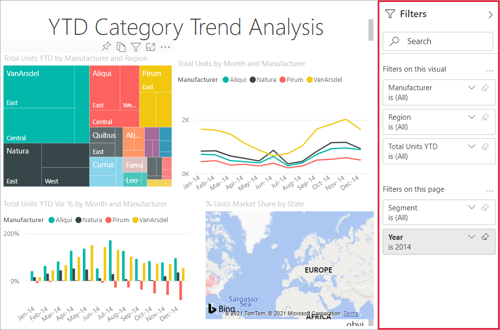 필터 창이 확장된 Power BI 서비스에서 열려 있는 보고서의 스크린샷.