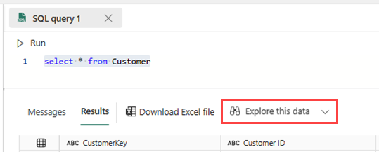 SQL 쿼리에 대한 이 데이터 탐색을 보여 주는 스크린샷.