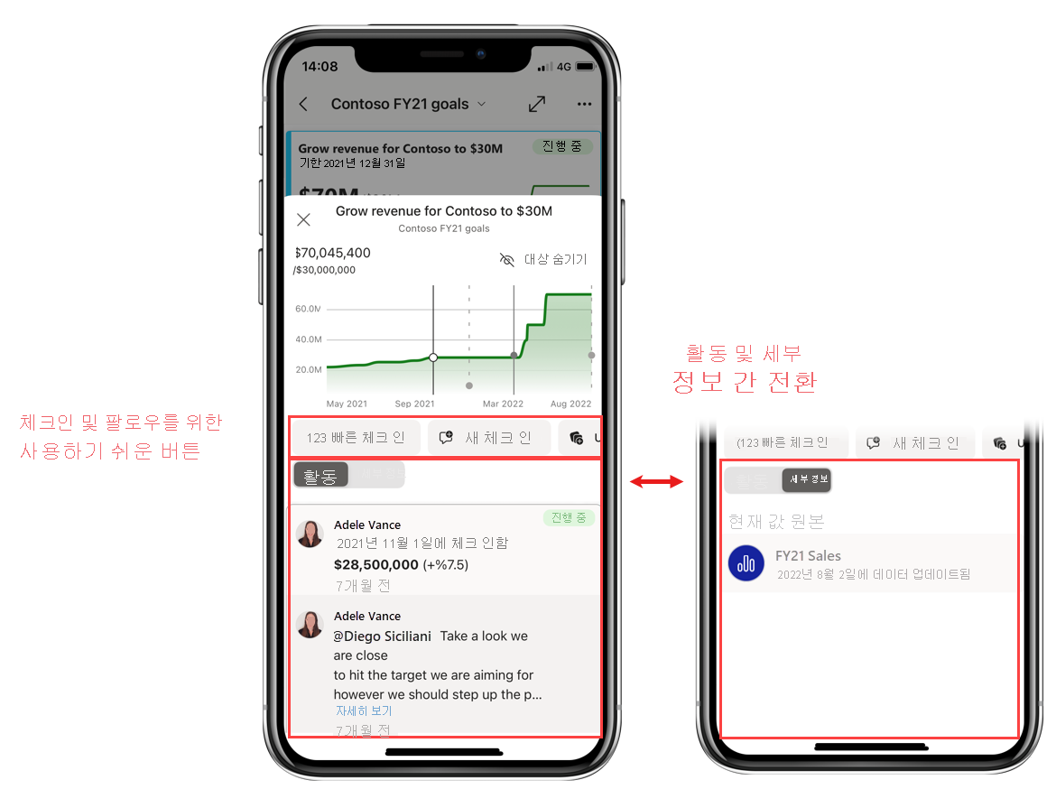 Power BI 모바일 앱의 새롭게 개선된 메트릭 세부 정보 창의 스크린샷