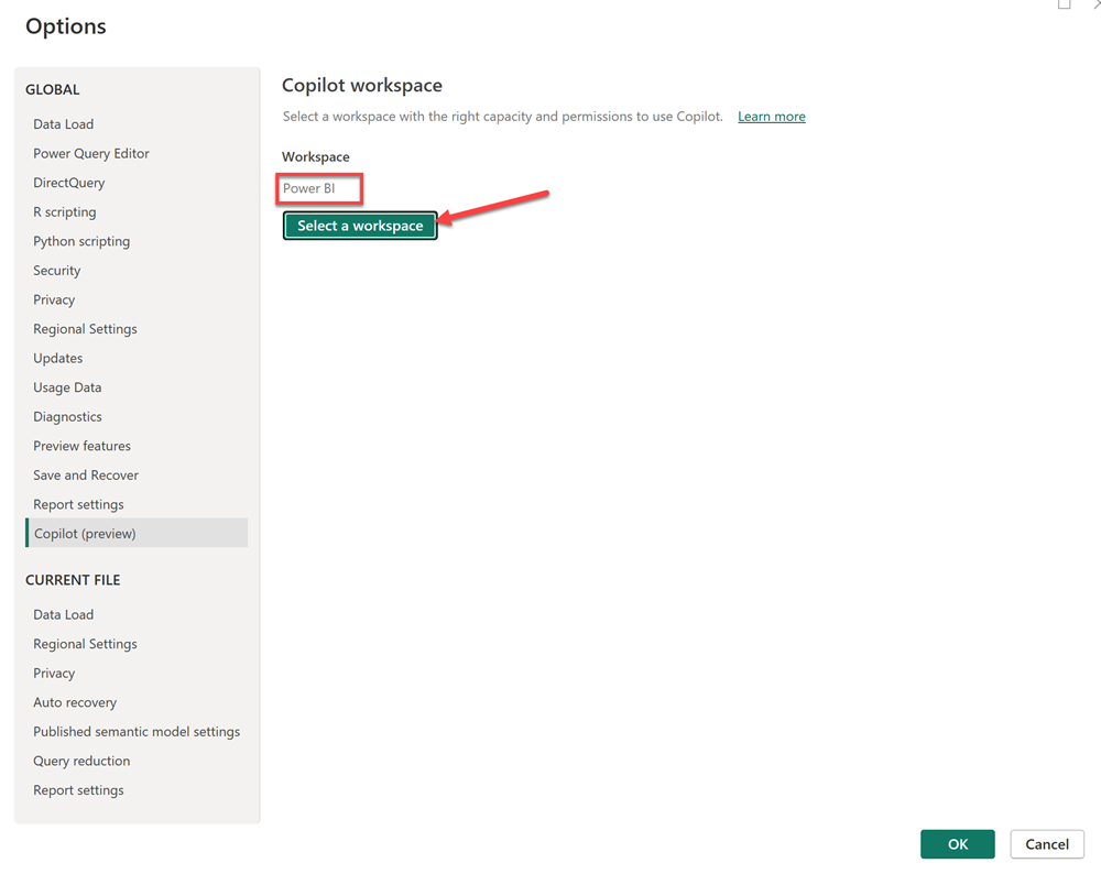 Power BI 데스크톱 옵션 창, Copilot 설정의 스크린샷.