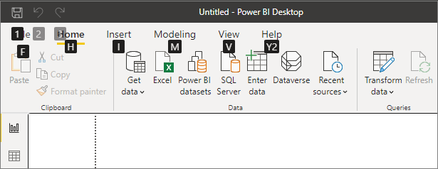 KeyTips가 있는 Power BI Desktop의 스크린샷.