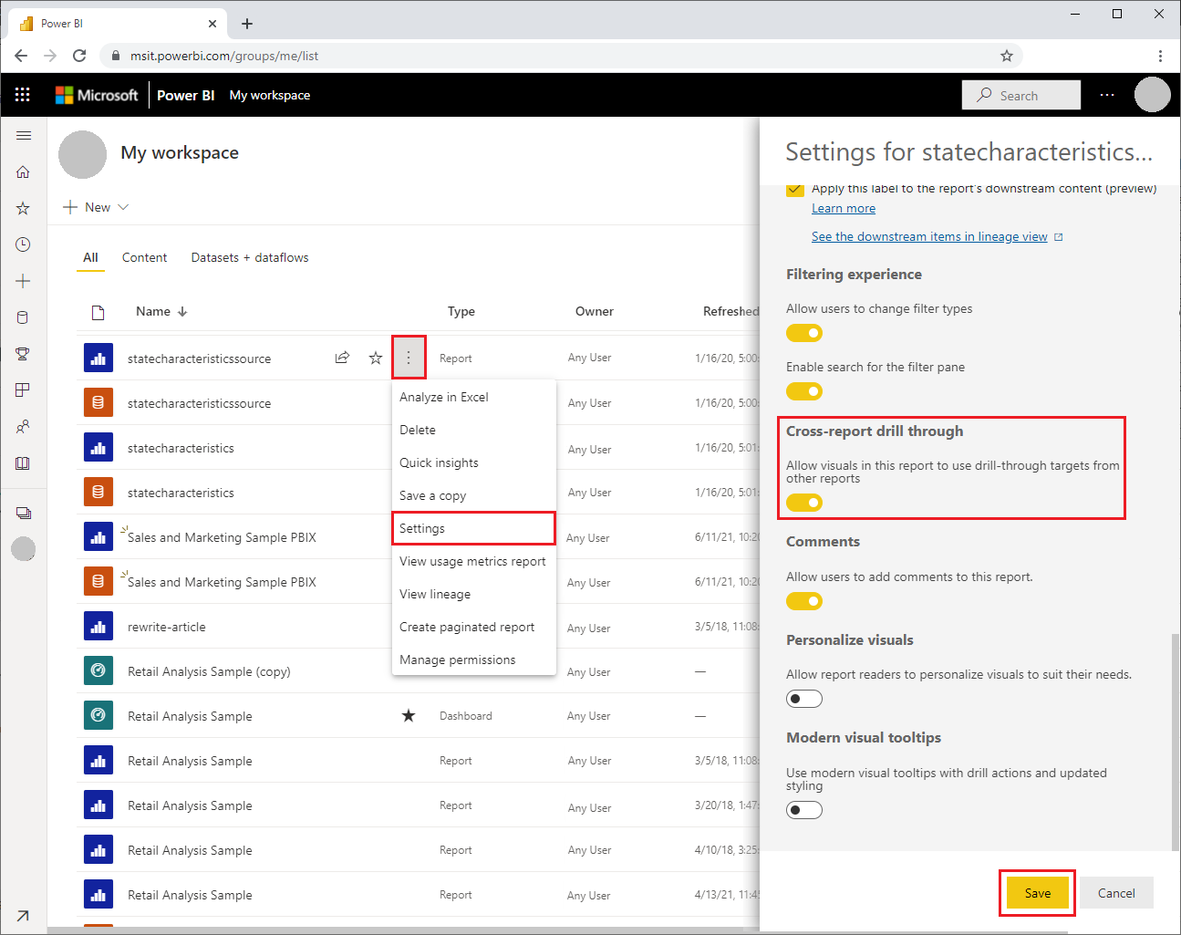 Power BI 서비스에서 교차 보고서 드릴스루를 사용하도록 설정하는 스크린샷.