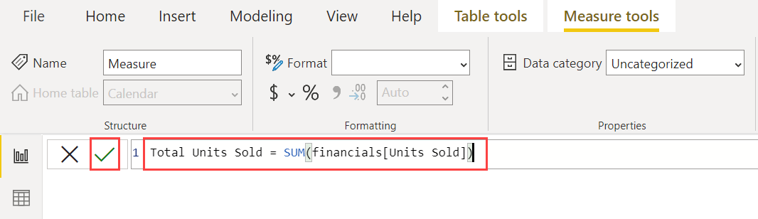 DAX 식 Total Units Sold를 보여 주는 스크린샷.