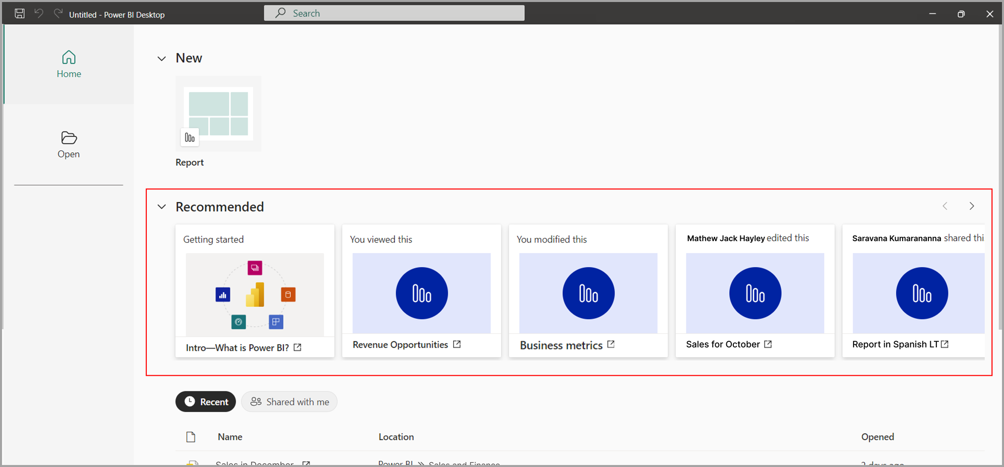 Power BI Desktop 홈의 권장 보고서 스크린샷.