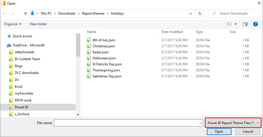 휴일 테마 JSON 파일을 나열하는 대화 상자의 스크린샷.