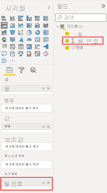 Power BI 서비스의 스크린샷. 시각화 창에서 도구 설명 필드 버킷은 월 번호 필드를 포함하고 강조 표시됩니다.