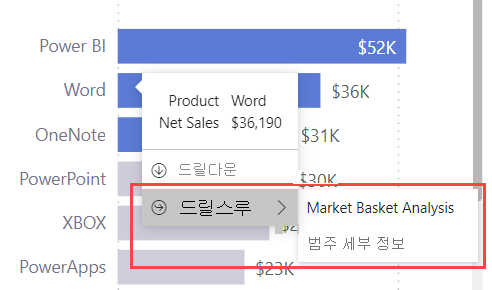 드릴스루 옵션이 강조 표시된 도구 설명을 보여 주는 스크린샷.