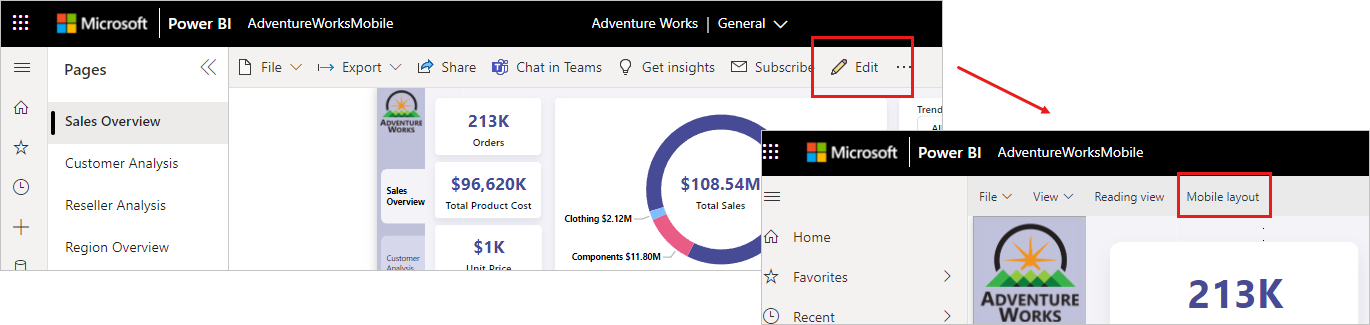 Power BI 서비스의 레이아웃 전환기를 보여 주는 스크린샷.