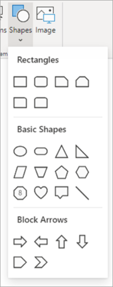 셰이프를 삽입하는 옵션을 강조 표시하는 Power BI Desktop의 스크린샷