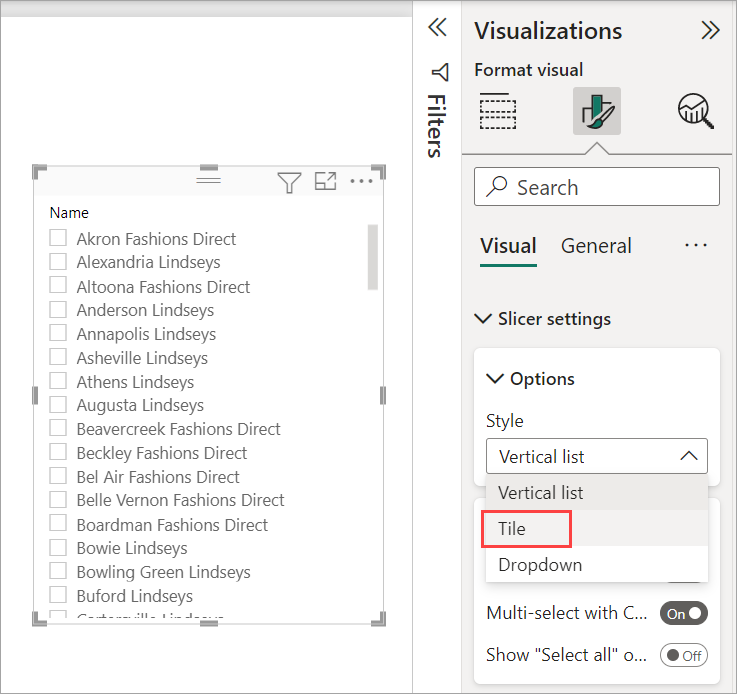 Power BI Desktop에서 슬라이서를 가로로 설정하는 방법을 보여 주는 스크린샷.