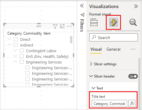 Power BI Desktop에 현재 제목이 있는 서식 창의 스크린샷.