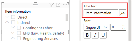 Power BI Desktop에서 계층 구조 슬라이서의 새 제목 스크린샷.