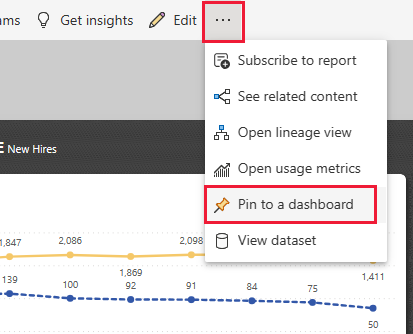 대시보드에 고정 옵션이 강조 표시된 Power BI 보고서 페이지를 보여 주는 스크린샷.