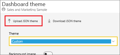 JSON 테마 업로드 옵션을 강조 표시하는 대시보드 테마 창의 스크린샷.