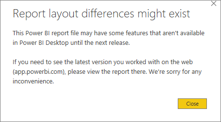 ‘보고서 레이아웃 차이가 있을 수 있습니다.’라는 제목의 Power BI 데스크톱 경고 대화 상자의 스크린샷