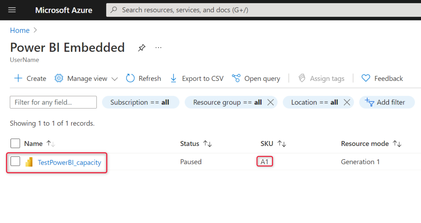 Azure Portal의 Power BI Embedded 용량 목록 스크린샷