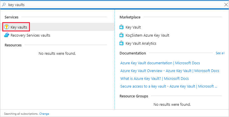 서비스 목록의 키 자격 증명 모음 서비스에 대한 링크를 보여 주는 Azure Portal 창의 스크린샷.