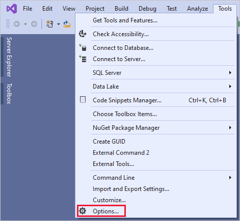 도구 메뉴에서 강조 표시된 옵션 단추를 보여 주는 Visual Studio 창의 스크린샷.