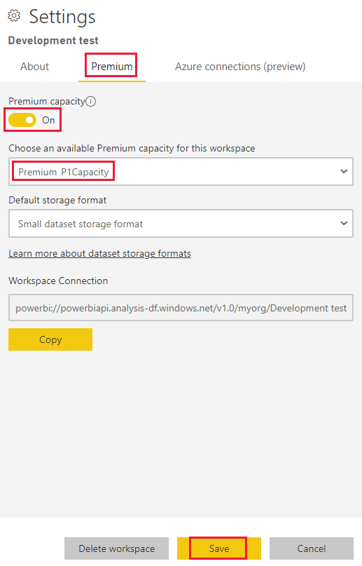 Power BI 서비스에 있는 작업 영역의 프리미엄 설정 스크린샷. 선택한 용량과 저장 단추가 강조 표시됩니다.