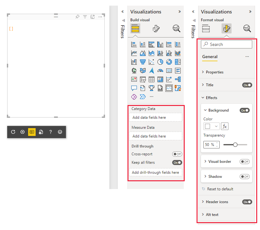 시각화 창의 빈 데이터 및 활성 서식 설정이 표시된 Power BI 시각적 개체 스크린샷