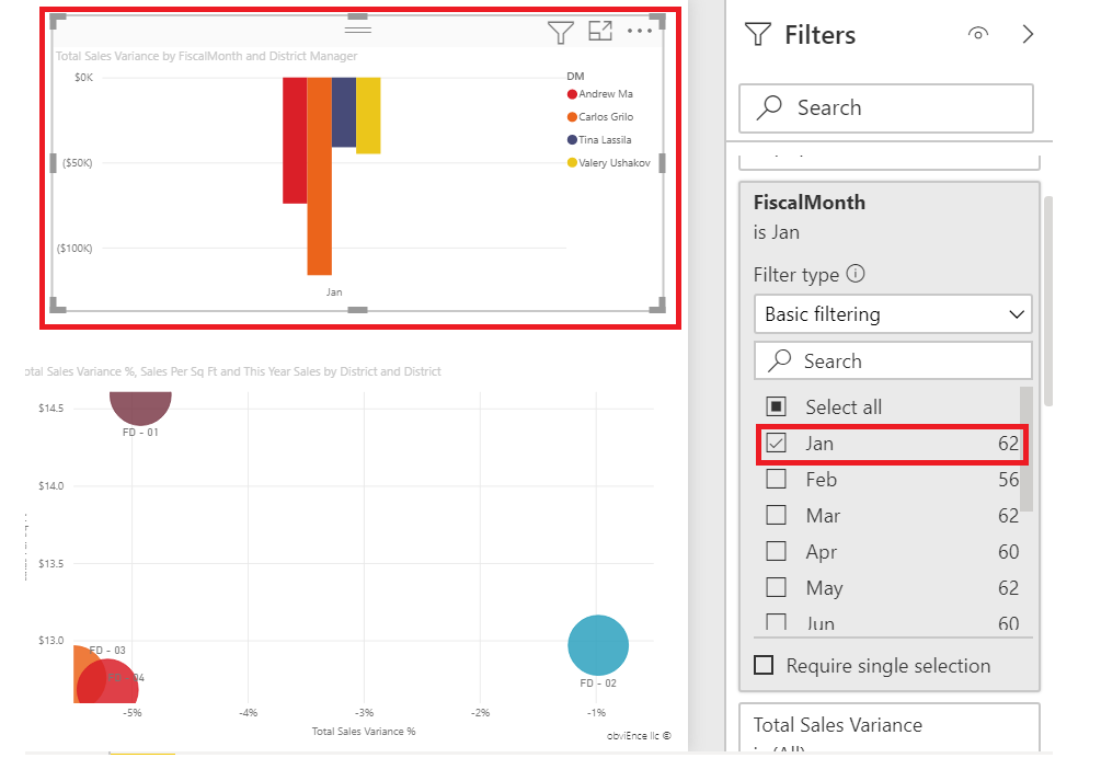 Power BI 서비스의 스크린샷. 가로 막대형 차트 시각적 개체가 선택되어 있음. 회계 월 창에서 1월이 선택되어 있음