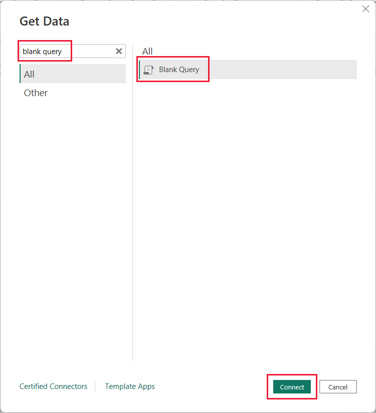 Power BI Desktop의 데이터 가져오기 창에서 빈 쿼리 옵션을 강조 표시하는 스크린샷