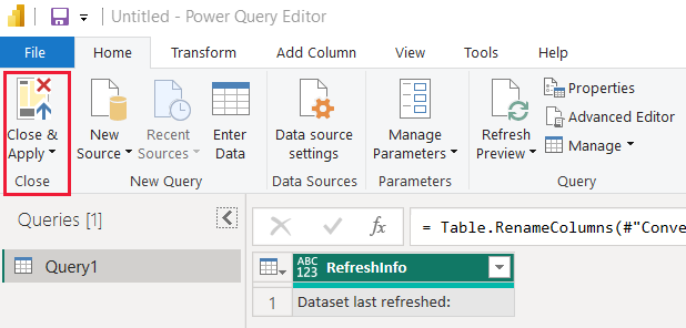 Power BI Desktop의 Power Query 편집기에서 닫기 및 적용 단추를 보여 주는 스크린샷