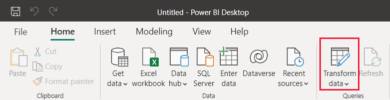 Power BI Desktop의 데이터 변환 단추를 강조 표시하는 스크린샷