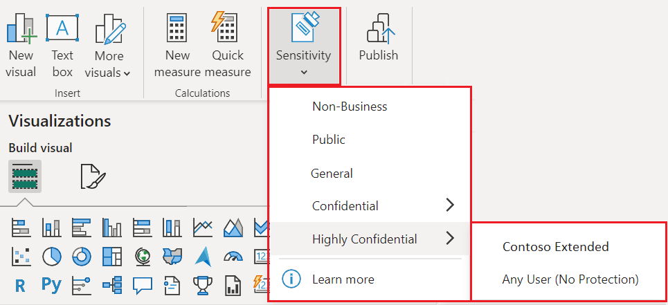 Power BI Desktop에서 파일의 민감도 레이블을 설정하는 방법을 보여 주는 스크린샷.