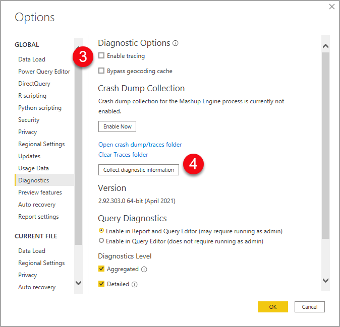 추적 사용 및 진단 정보 수집이 강조 표시된 Power BI Desktop 옵션 패널의 스크린샷.